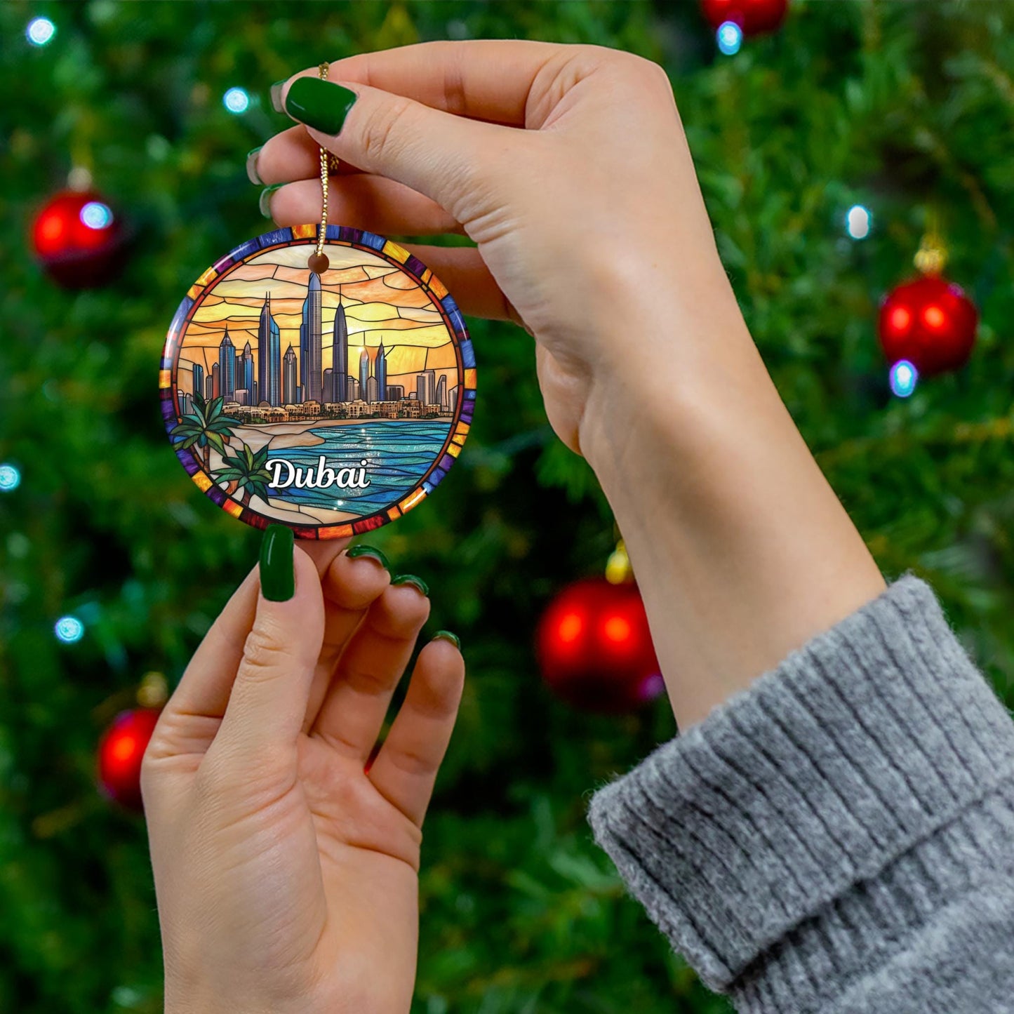 Dubai Skyline Stained Glass Style Ornament