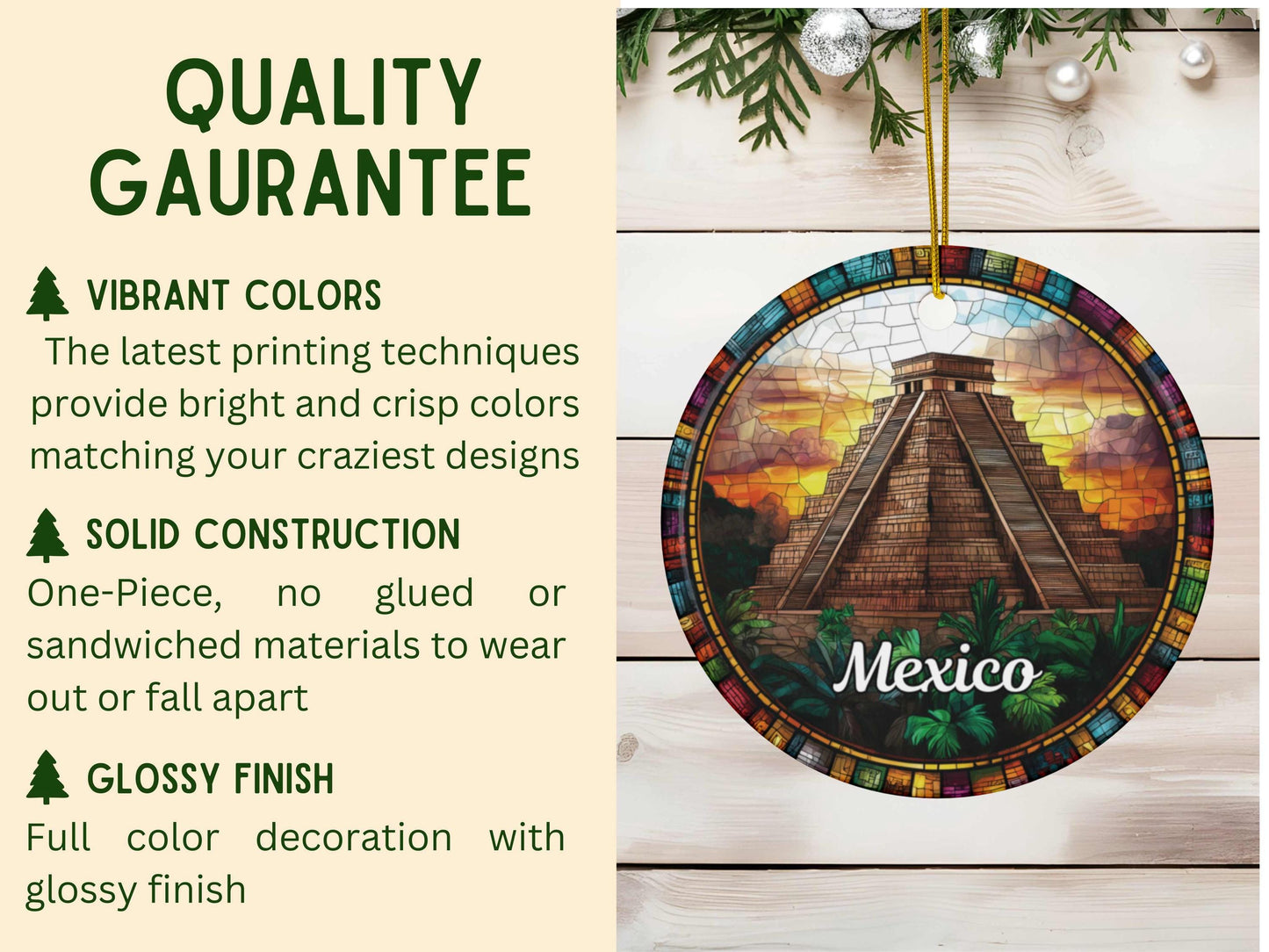 Mexico Aztec Pyramid Stained Glass Style Ornament