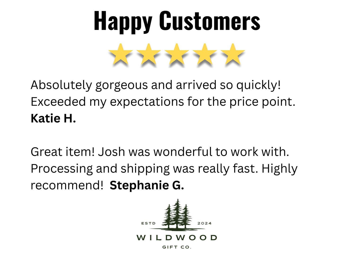 The image is a screenshot of a customer review for a product, specifically a gift from Wildwood Gift Co. The review is written in a positive and enthusiastic tone, expressing the customer's satisfaction with the product and the company's service.