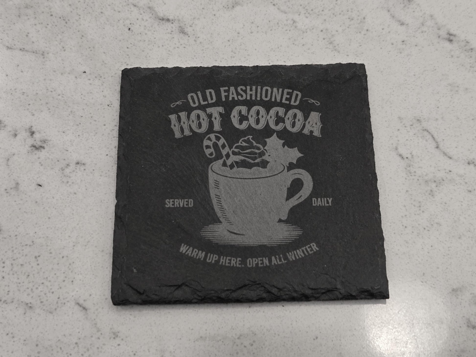 Christmas Slate Coasters Set – Hot Cocoa, Candy Cane & Holiday Café Designs | Rustic Winter Drink Bar Décor Gift
