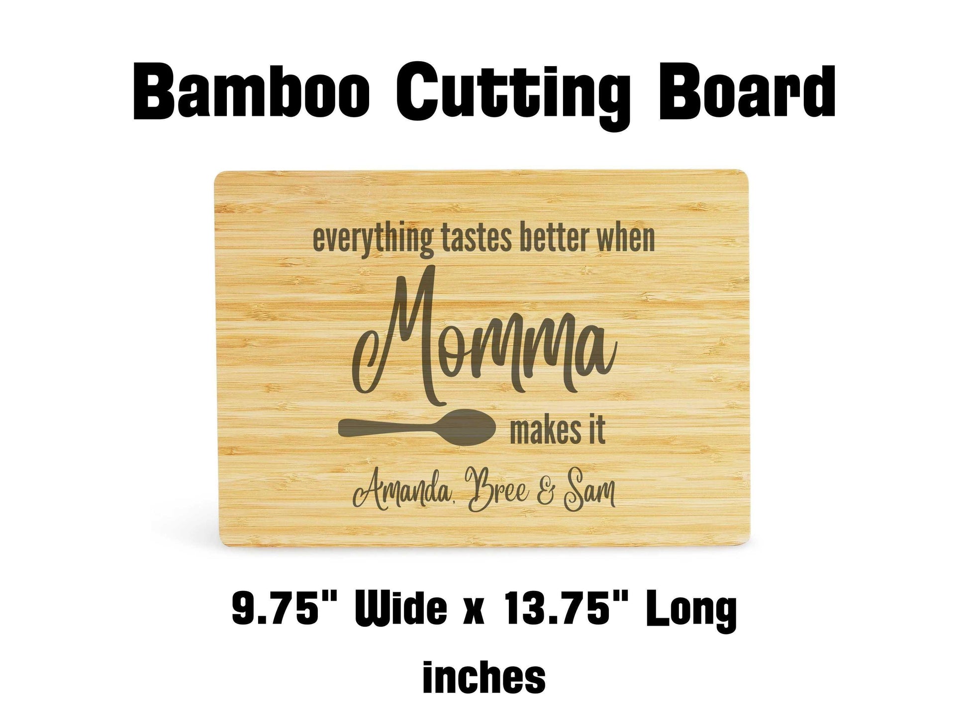 Momma Bamboo cutting board with size dimensions