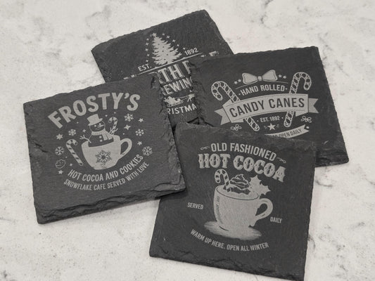 Christmas Slate Coasters Set – Hot Cocoa, Candy Cane & Holiday Café Designs | Rustic Winter Drink Bar Décor Gift