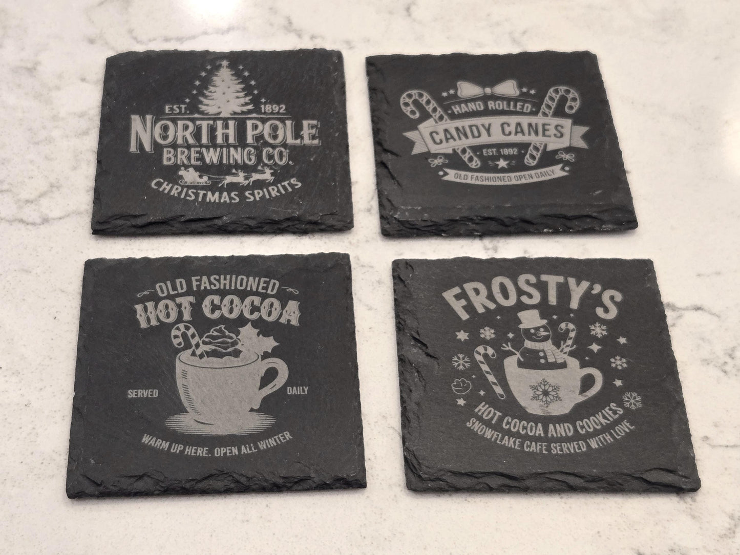 Christmas Slate Coasters Set – Hot Cocoa, Candy Cane & Holiday Café Designs | Rustic Winter Drink Bar Décor Gift