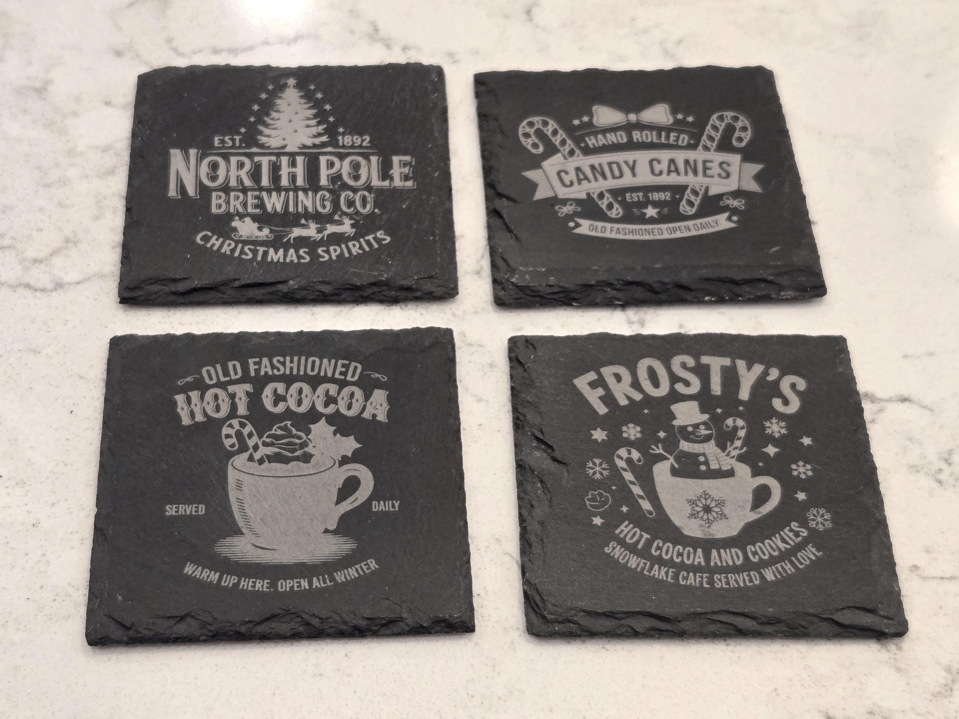 Christmas Slate Coasters Set – Hot Cocoa, Candy Cane & Holiday Café Designs | Rustic Winter Drink Bar Décor Gift