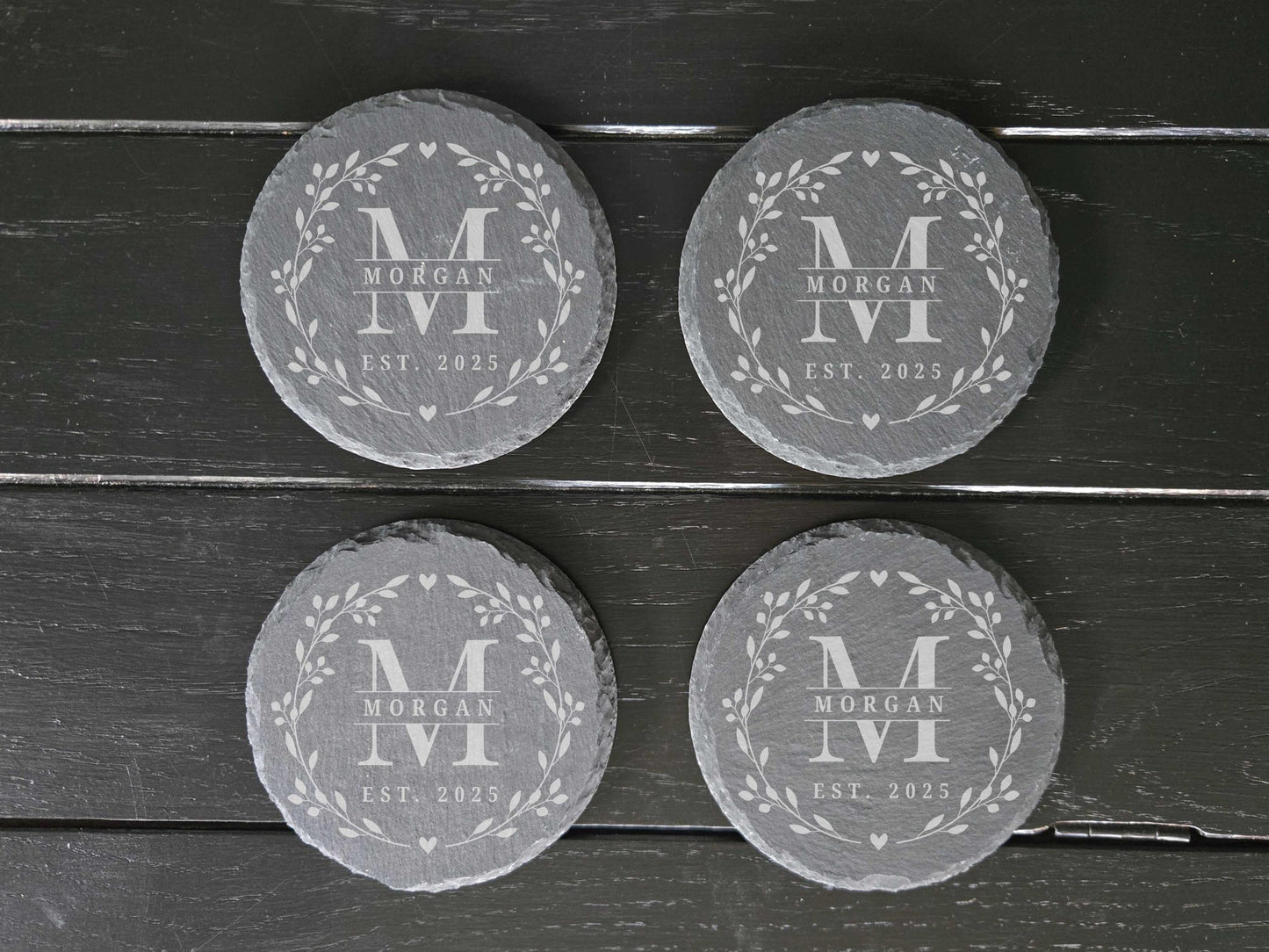 Engraved Monogrammed Round Slate Coasters