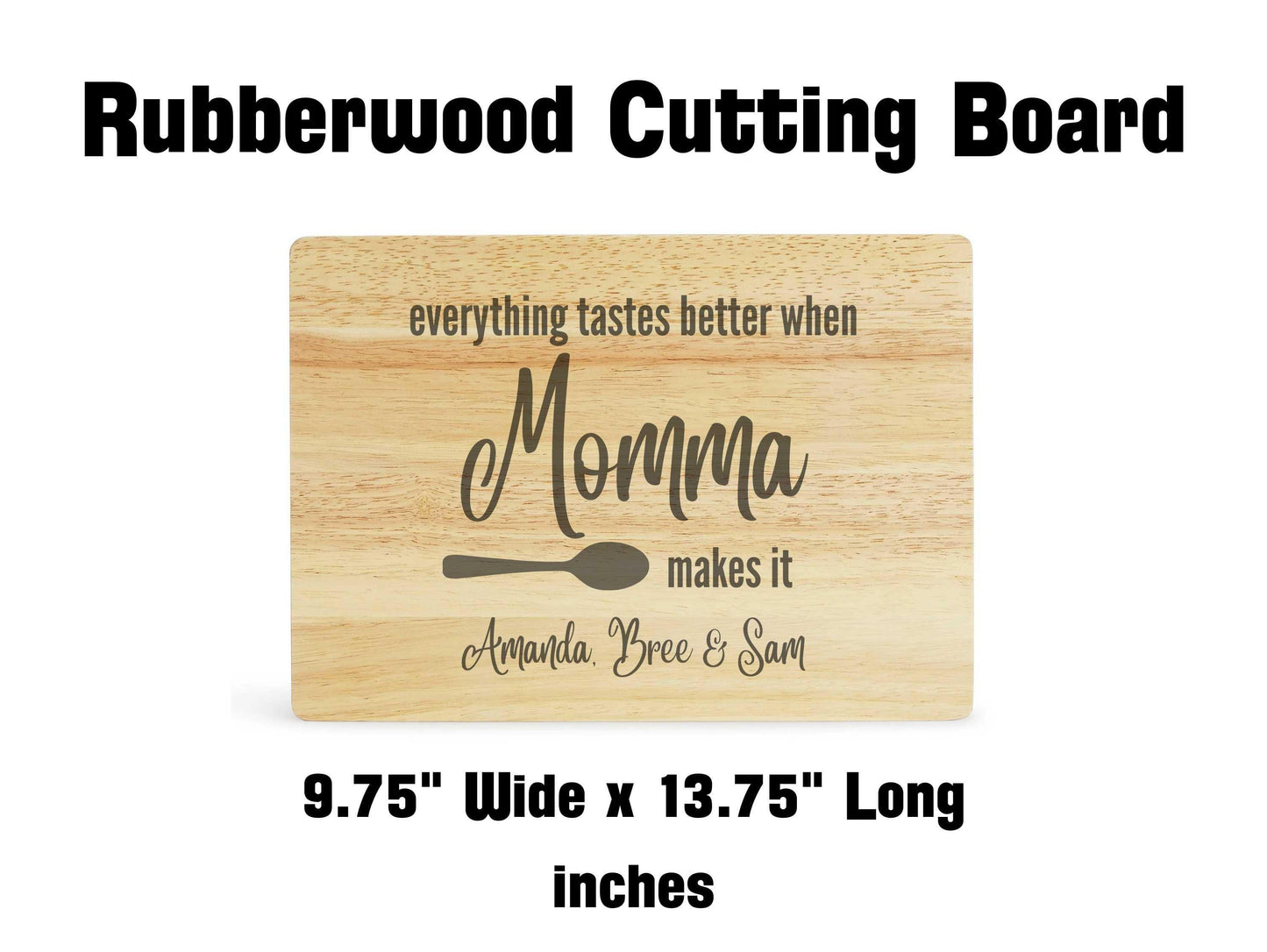 Momma Rubberwood cutting board with size dimensions
