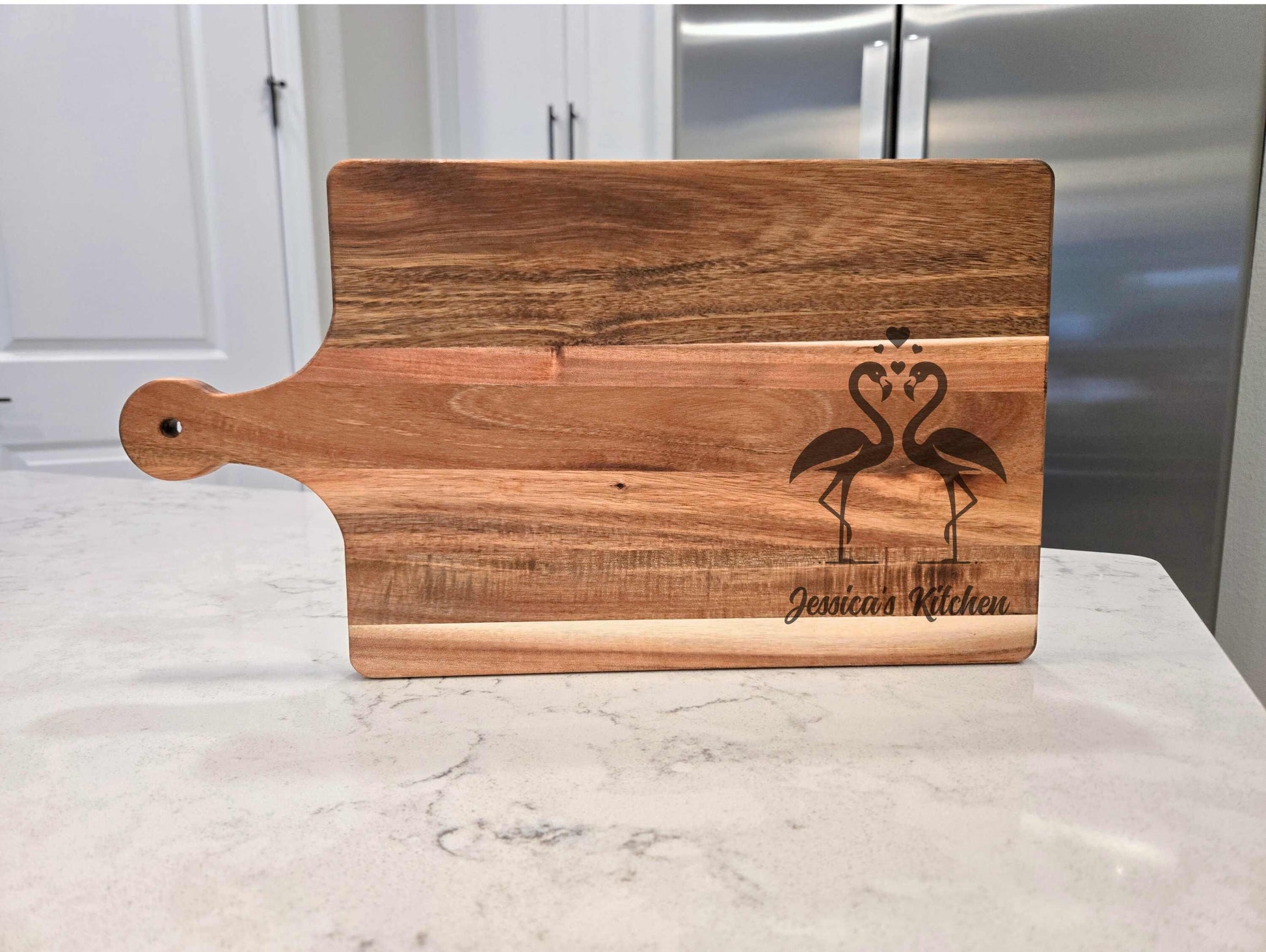 Personalized Flamingo Acacia Cutting Board