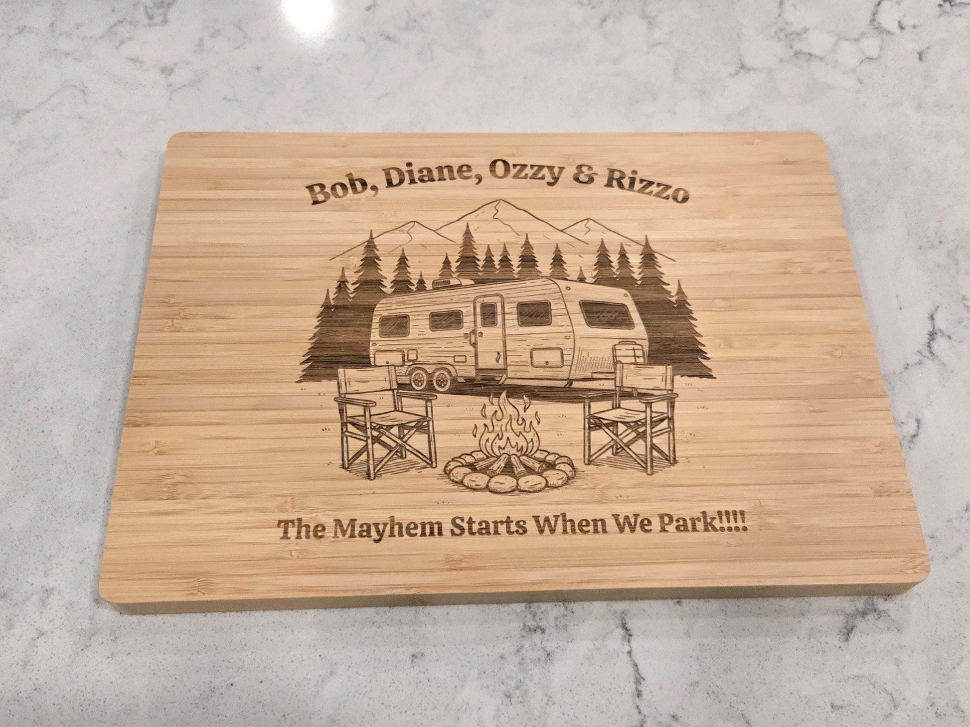 Personalized Camping Cutting Board, Custom RV Gift for Couples, Engraved Camper Decor – "Home is Where We Park It" Wood Serving Board