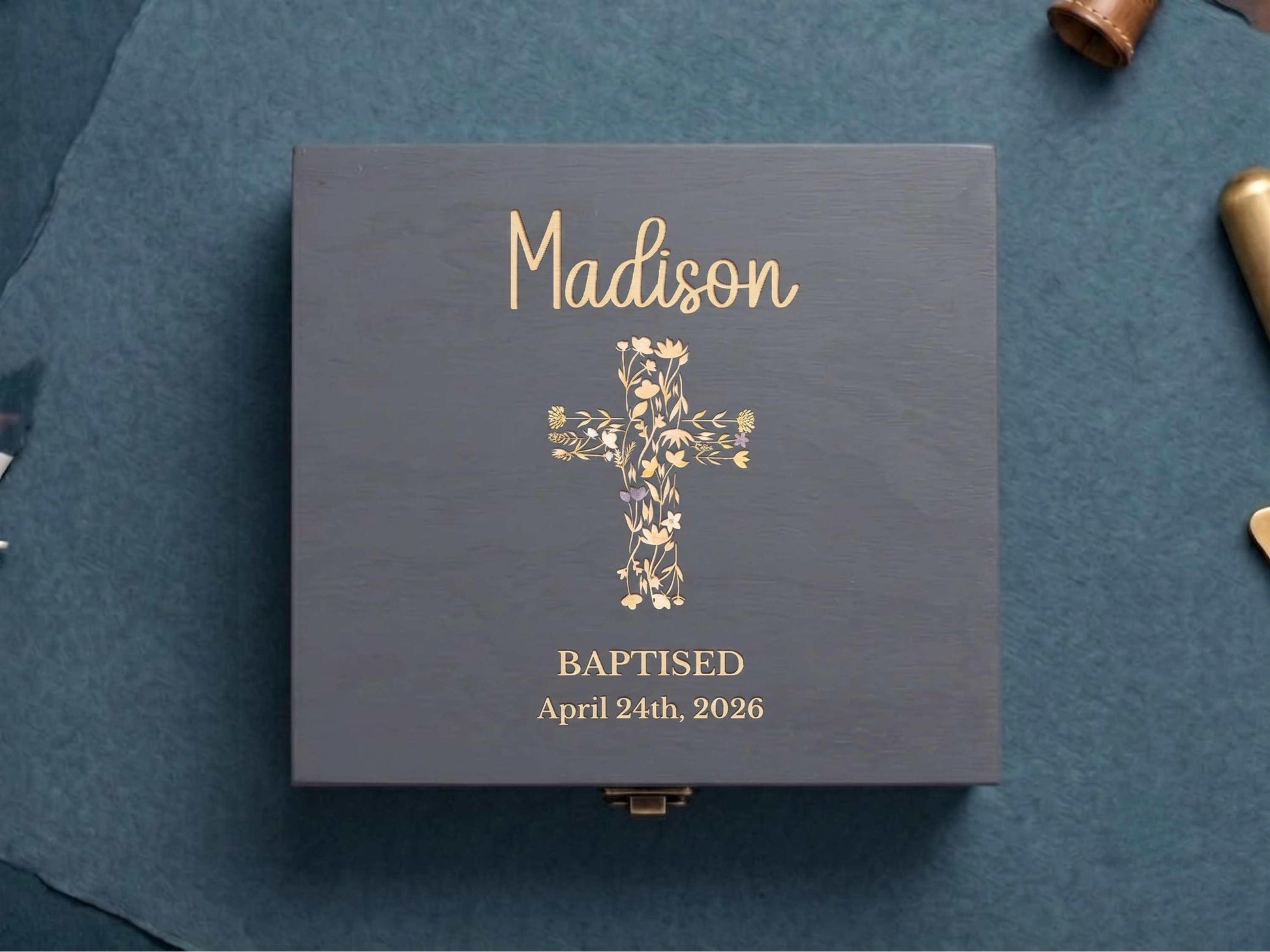 Personalized Girls Baptism Gift Wood Keepsake Box Custom Engraved Floral Cross First Communion Memory Chest